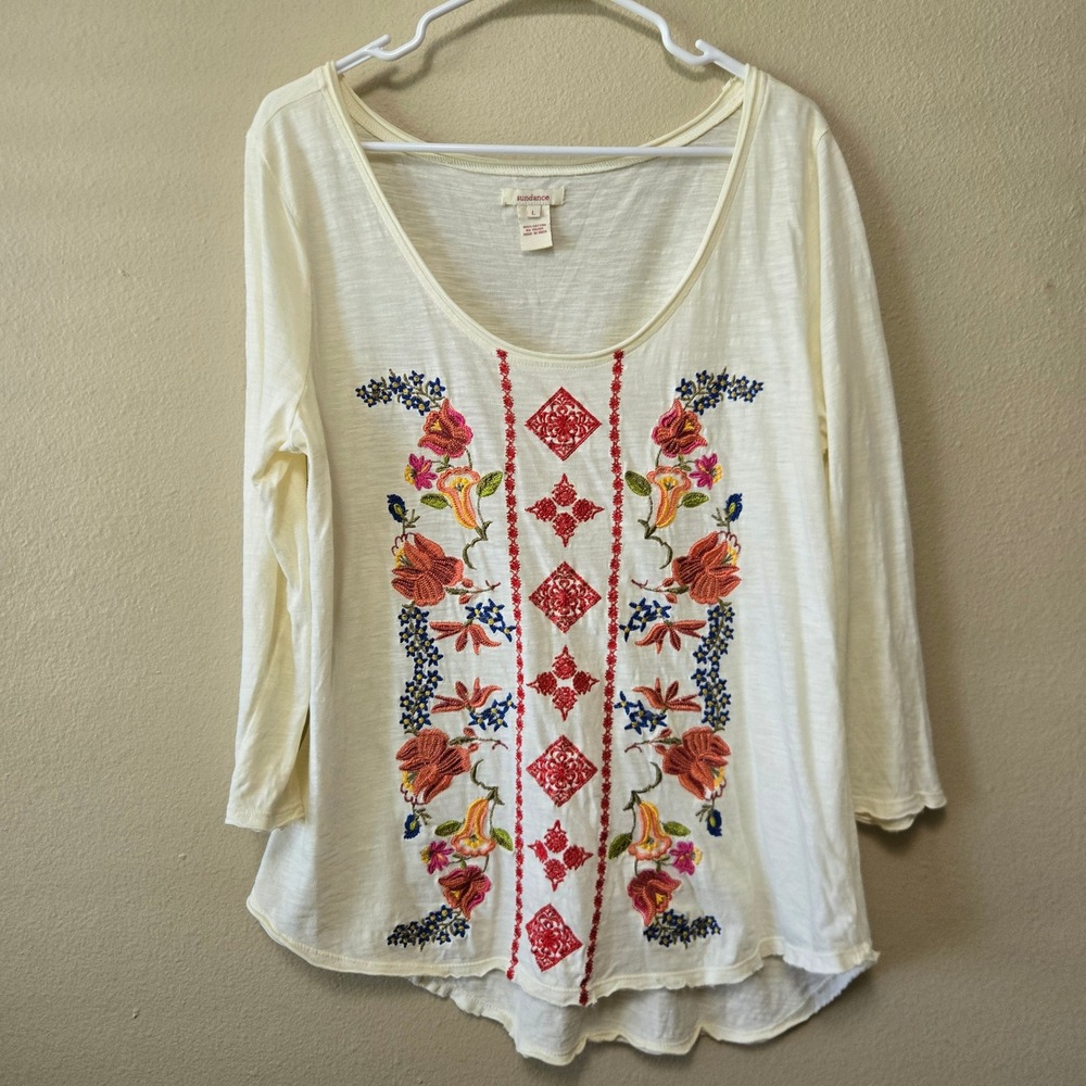 Sundance Womens L Cream Slub Cotton Embroidered Floral Boho Scoop Neck Top
